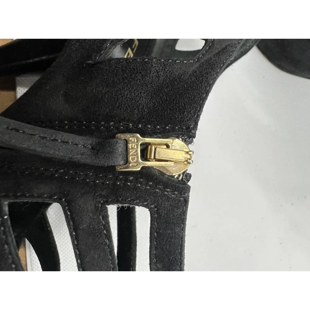- Fendi Suede Goth Heels Sandals Black Booties W/Gold‎ Accents Dark Academia